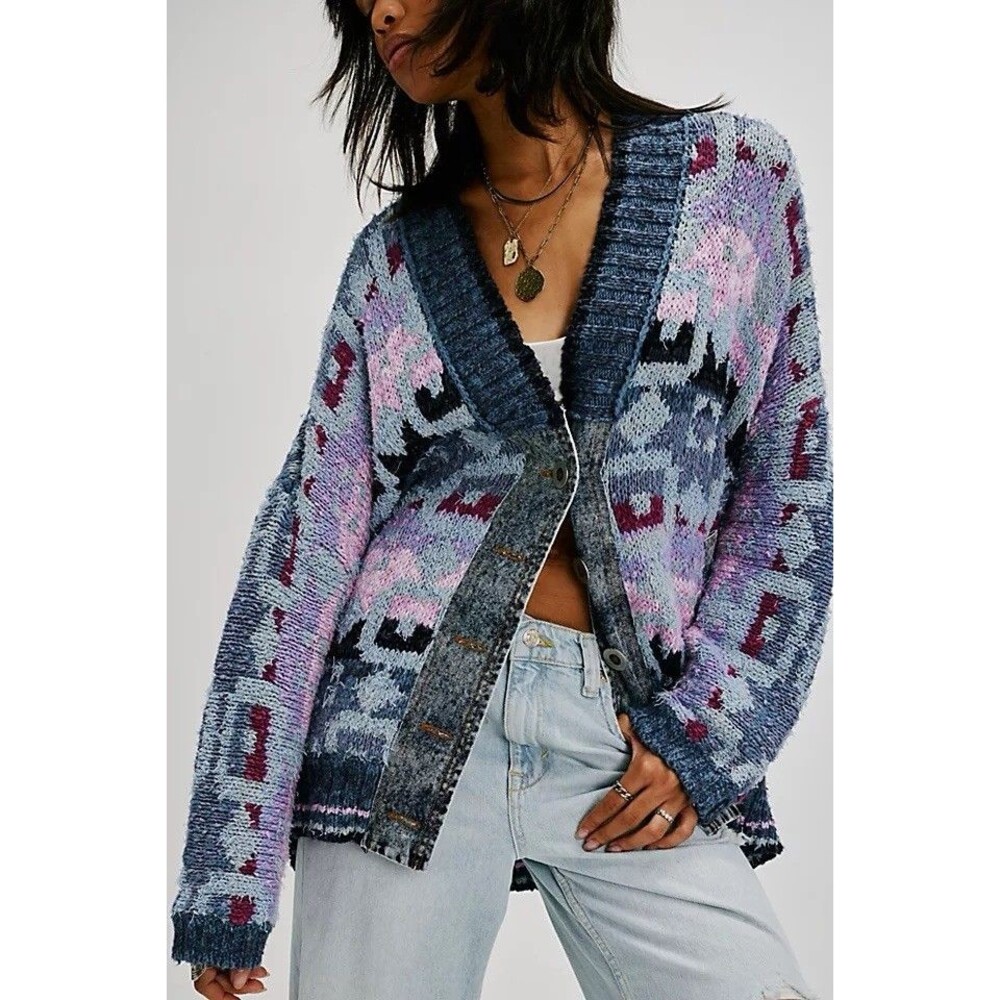Free People Bluebell Oversized Cardigan Small Denim Aztec Boho Indie Sleeze Top
